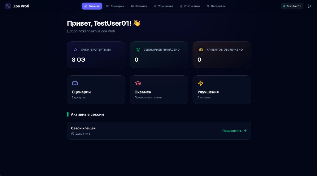 Интерфейс кабинета Zoo Profi: главная, сценарии, экзамен, активные сессии
